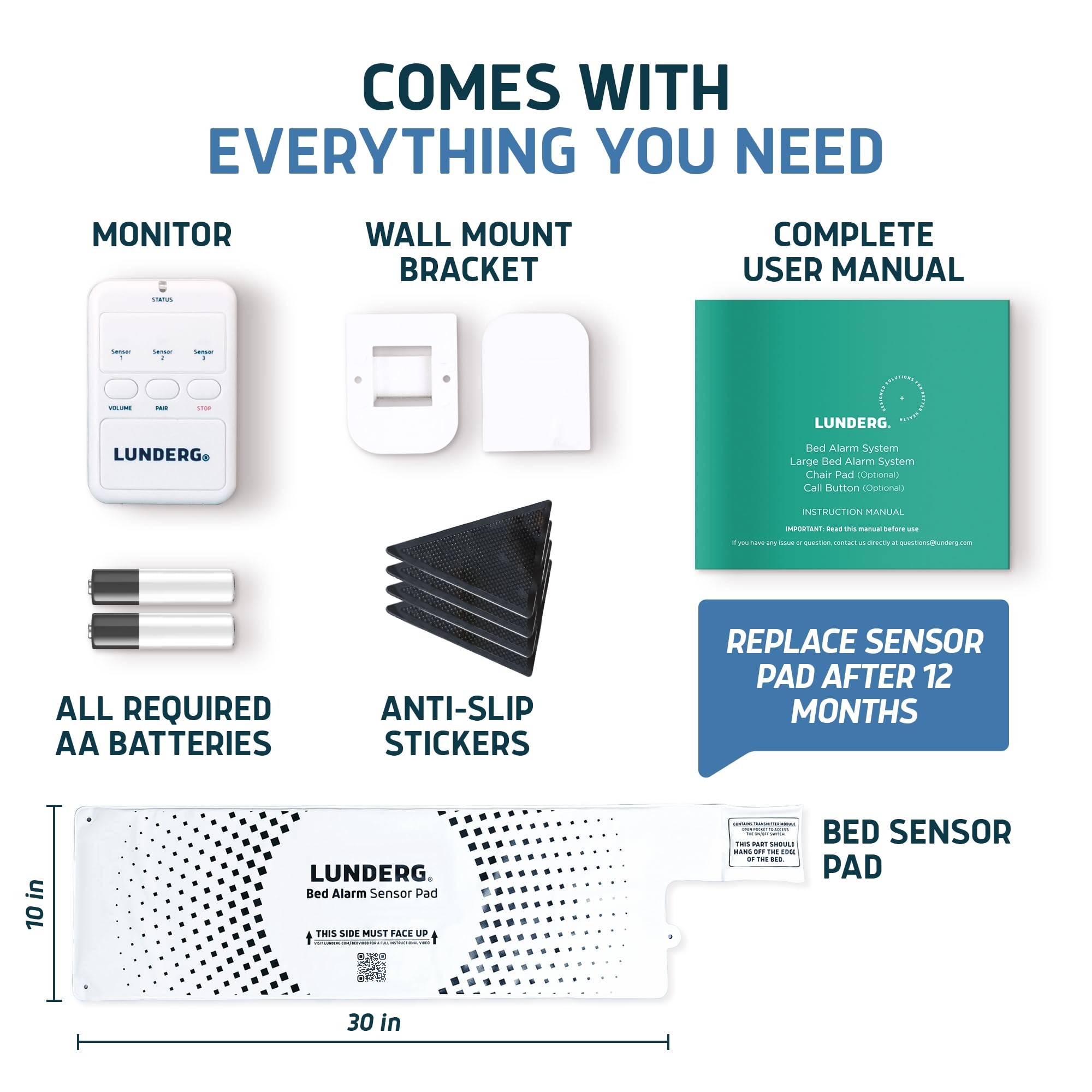 Lunderg Bed Alarm for Elderly Adults - Wireless Sensor Pad (10” x 30”) & Pager - Bed Alarms and Fall Prevention for Elderly and Dementia Patients