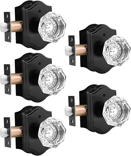 Gobrico Pomos de puerta de cristal de diamante con cerradura, pomos de baño octogonales antiguos, color negro mate, roseta arqueada clásica, paquete
