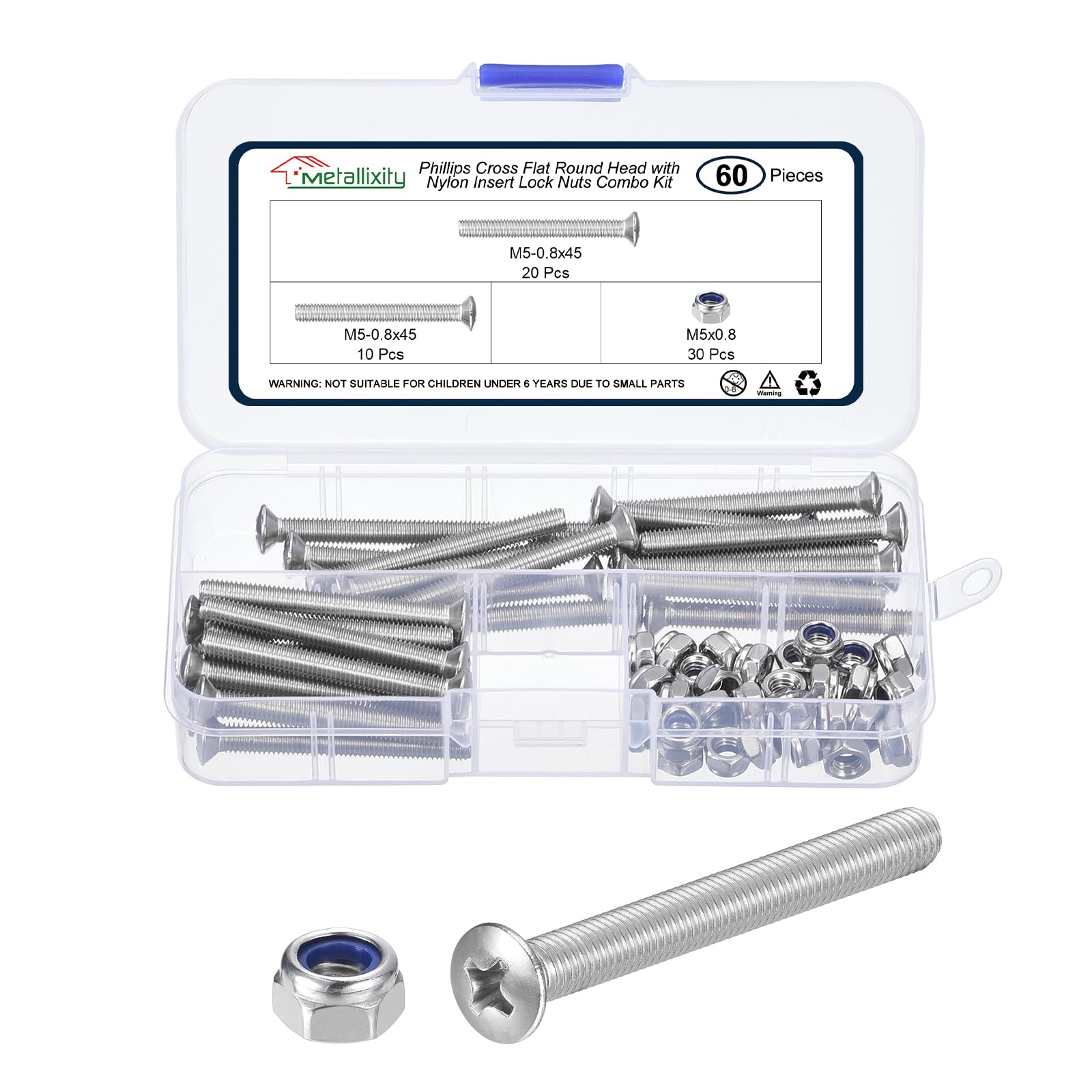 METALLIXITY Phillips Cross Flat Round Head Machine Screw with Nylon Insert Lock Nut Kit (M5-0.8x45) 60Pcs