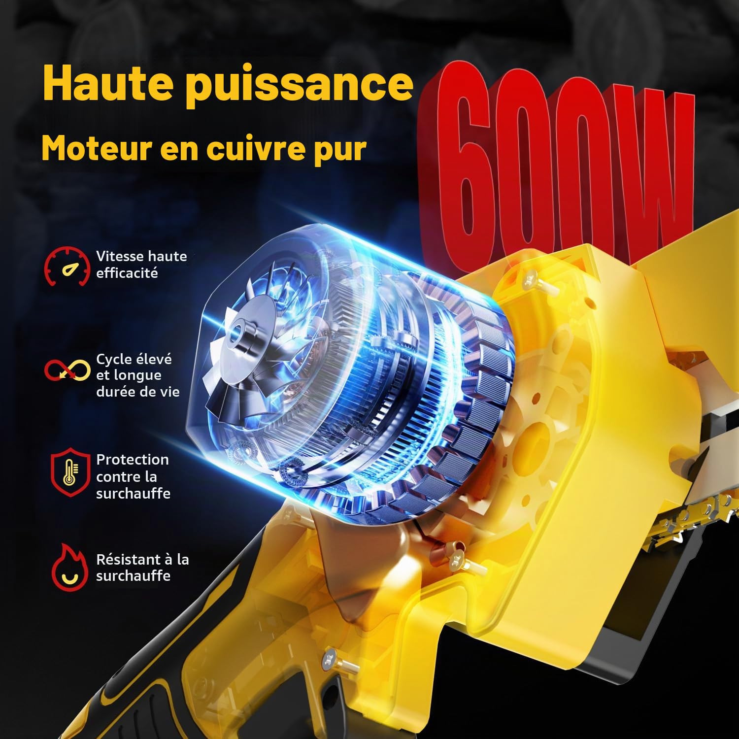 Tronçonneuse sur Batterie 4000mah 6 Pouces Mini Tronconneuse sans Fil avec 2 Chaines Système D'Huile Automatique 600W Moteur Brushless Coupe Branche Electrique Elagueuse Compatible avec Makita