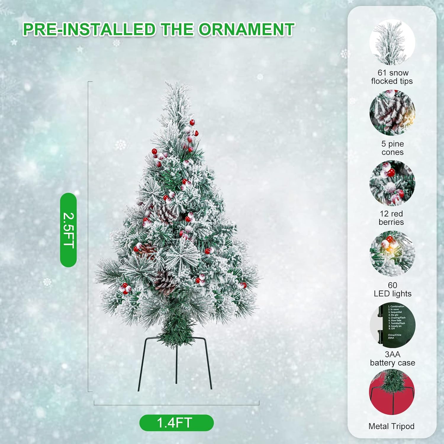 2.5FT Outdoor Christmas Tree Snow Flocked Pathway Artificial Christmas Trees Small Pre-Lit Pine Xmas Tree with Lights Battery Operated 8Mode for Porch, Yard, Outside, Grave(2pack)