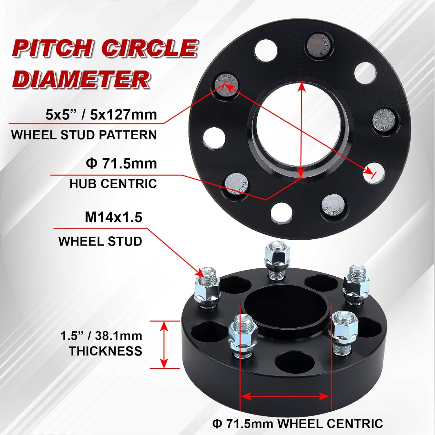 4pcs 1.5 inch 5x5 Hubcentric Wheel Spacers for 2018-2024 Wrangler JL/JLU, 2019-2024 Gladiator JT, 5x127mm Forged Wheel Spacer with 14x1.5 Studs & 71.5mm for 2011-2024 Grand Cherokee WK2 Durango