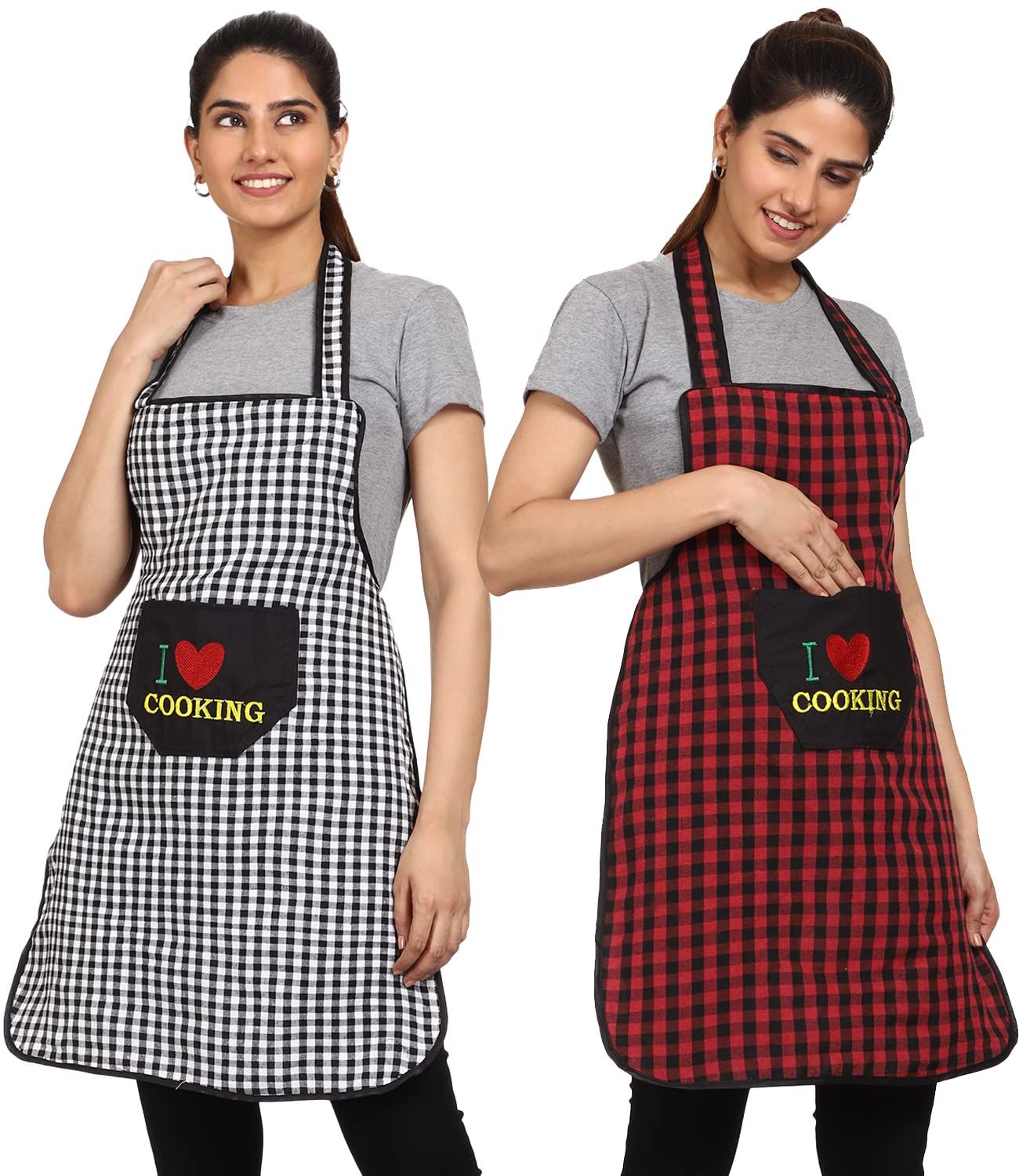 JMI Cotton Checkered Design Waterproof Apron with Multipurpose Front Large Embroidered Pocket Pack of 2 (Black & RED) (B08T1M84SM) Amazon Price History, Amazon Price Tracker