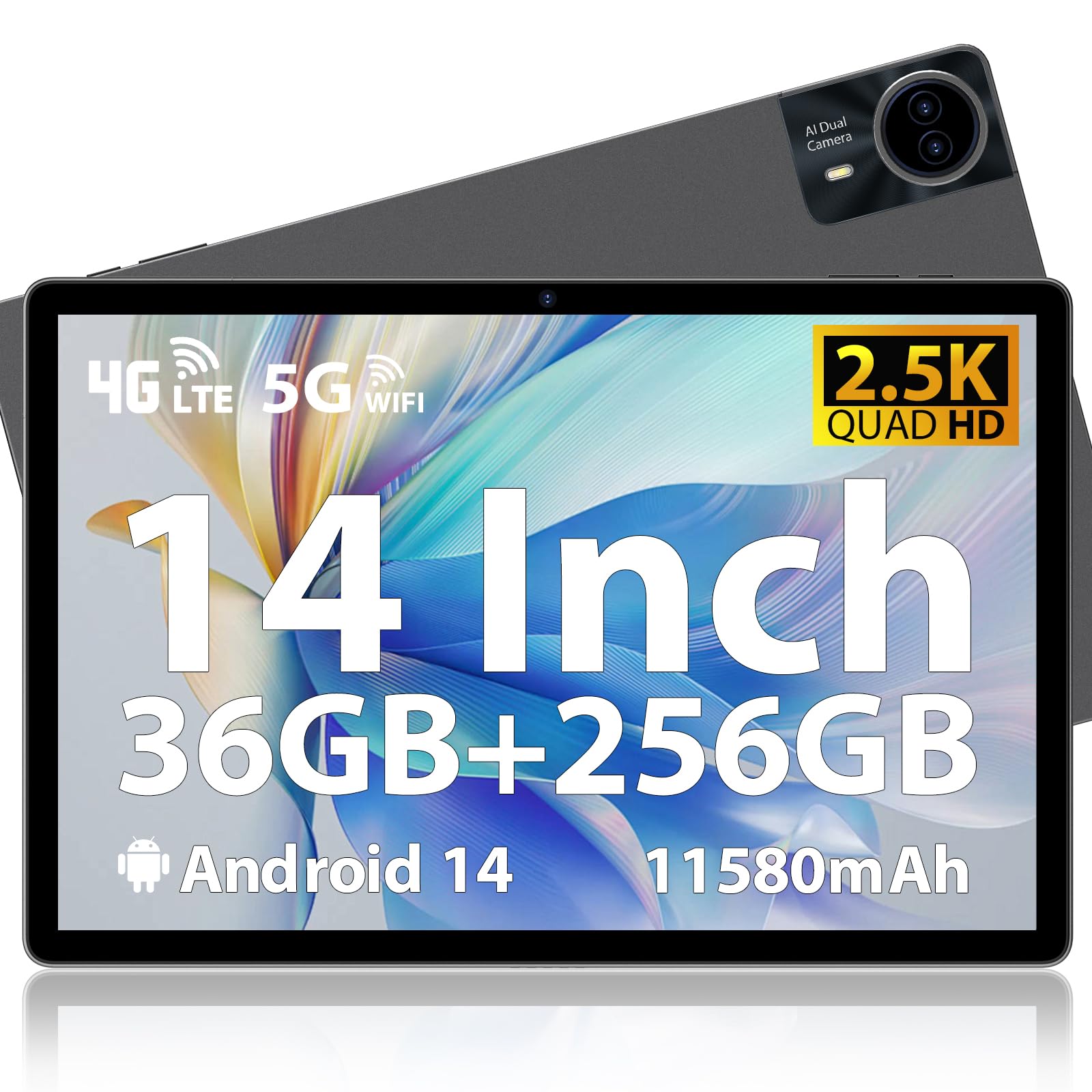MAXLEGEN Android 14 Tablet, Display 14 Pollici 2,5K Incell, 36GB RAM+256GB ROM(TF 1TB), 4G LTE+5G WiFi Tablet con Octa Core/4 altoparlanti/11580 mAh/BT5.0/GMS/GPS, Tab Pen/custodia/auricolare Inclusa