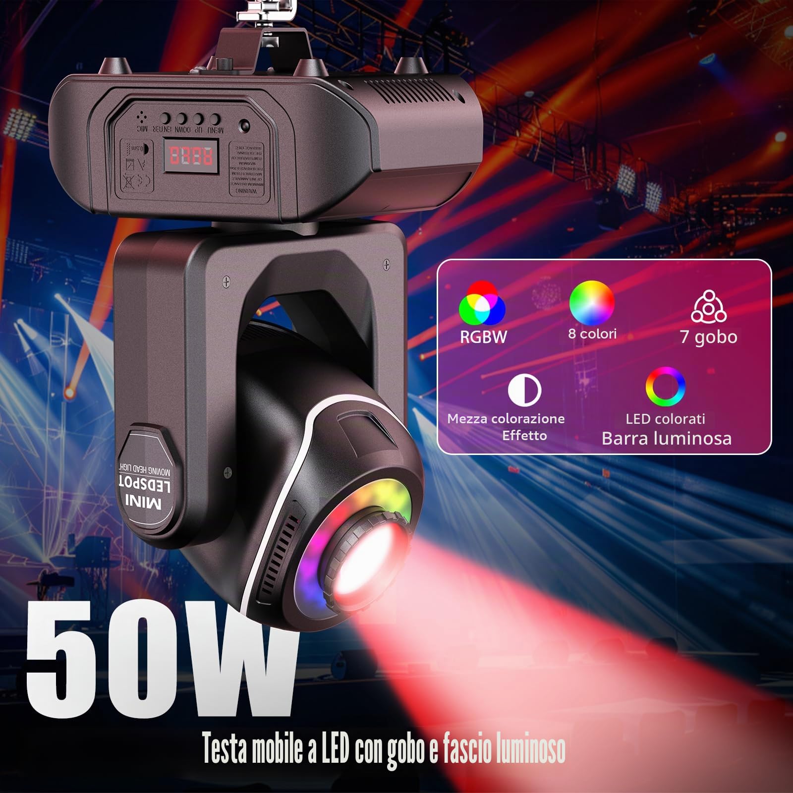 50W LED Teste Mobile Luci da Palcoscenico, RGBW 7 Gobos 8 Colori Luci Discoteca DMX512 Luci da Palco con Telecomando per Spettacoli Discoteche Bar Feste