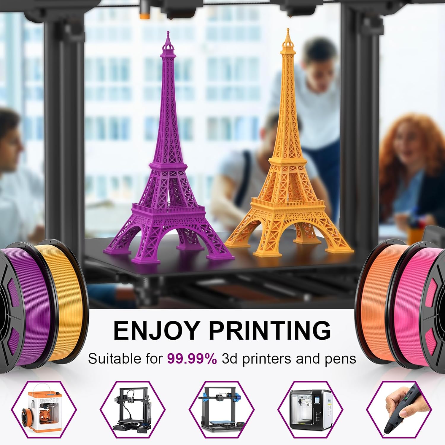 HEPHI3D 3D Printer PLA Filament Bundle 250g X 4 Spools, 1.75mm PLA Filament Pack 3D Printing Material, Bright Color Pink/Purple/Orange/Gold, PLA Filaments for Most FDM 3D Printer