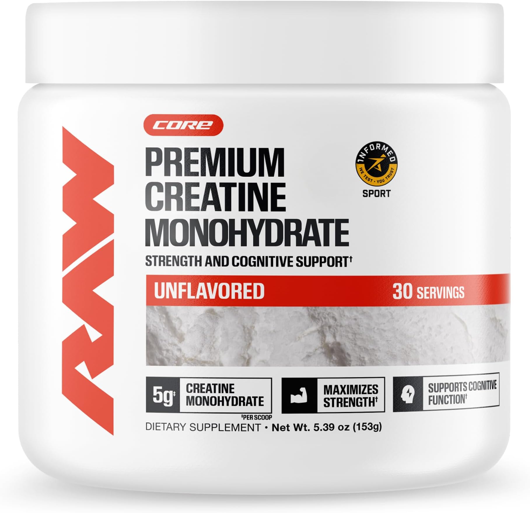 RAW Nutrition Creatine Monohydrate Powder, Unflavored (30 Servings) - Micronized Creatine Monohydrate Supplement for Workout Performance, Build Muscle & Strength - Creatine Powder for Men & Women