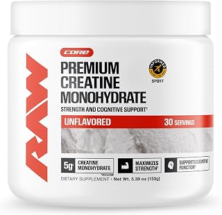 RAW Nutrition Creatine Monohydrate Powder, Unflavored (30 Servings) - Micronized Creatine Monohydrate Supplement for Workout Performance, Build Muscle & Strength - Creatine Powder for Men & Women