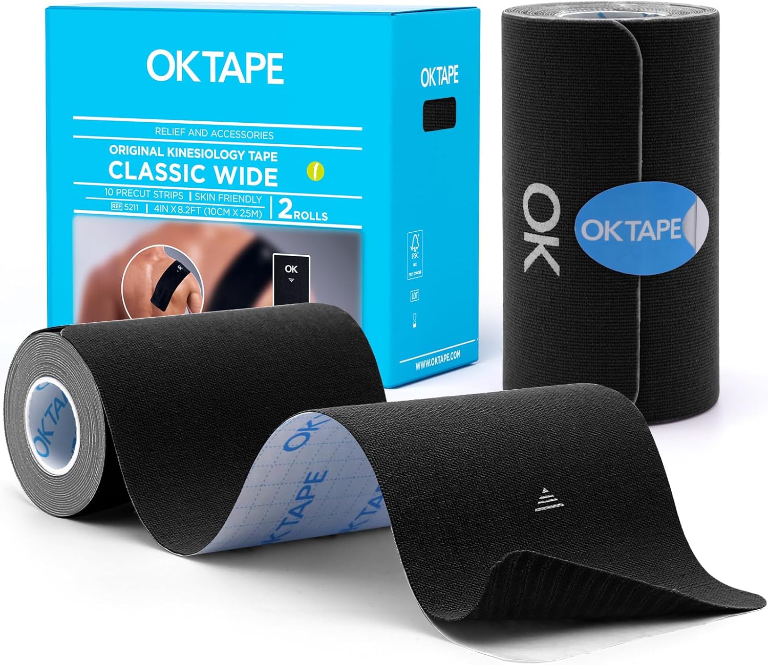 OK TAPE Extra Wide Kinesiology Tape, Precut Strips, Elastic Physical Therapy Athletic Tape for Pain Relief & Joint Support, Latex Free | Back, Shoulder, Knee (4" x 10" - 20Pcs) Black