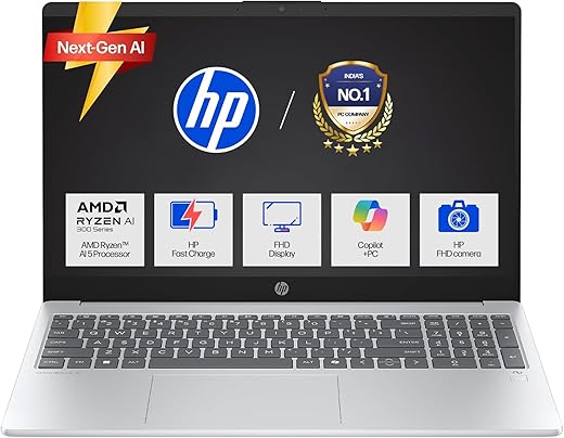 HP OmniBook 3 AMD Ryzen AI 5 340 Next Gen AI Laptop, (16GB DDR5, 512GB SSD), Anti-Glare,15.6”/39.6cm FHD, Win11,Office24, Silver,1.7kg, FHD Camera…