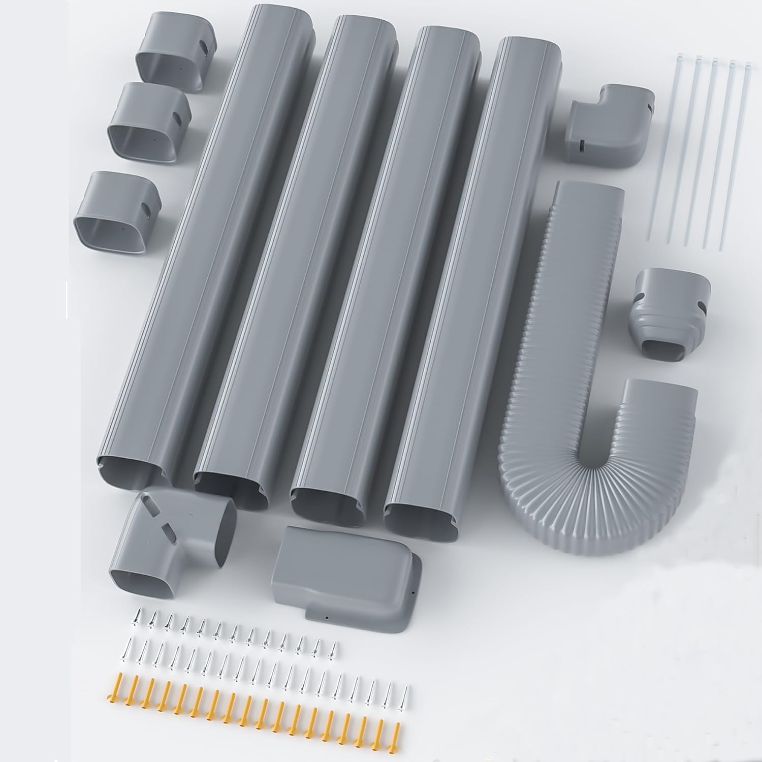 4'' 16 Ft Mini Split Line Set Cover with Flexible Pipe, Upgrade PP Heat-Resistant & Paintable, Central AC and Heat Pumps-Full Set, DIY Decorative Line Set Cover Kit, Gray