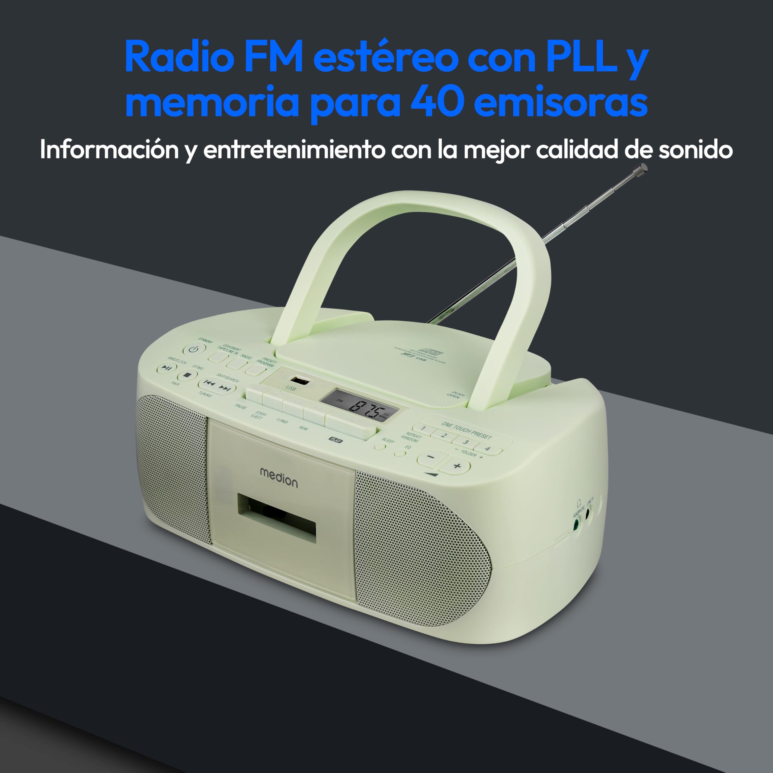 MEDION E65010 Radio estéreo (reproductor de CD, casete, conexión USB, entrada de audio AUX, reproducción MP3. Radio FM PLL, memoria para 40 emisoras, funcionamiento con pilas, mando a distancia) verde
