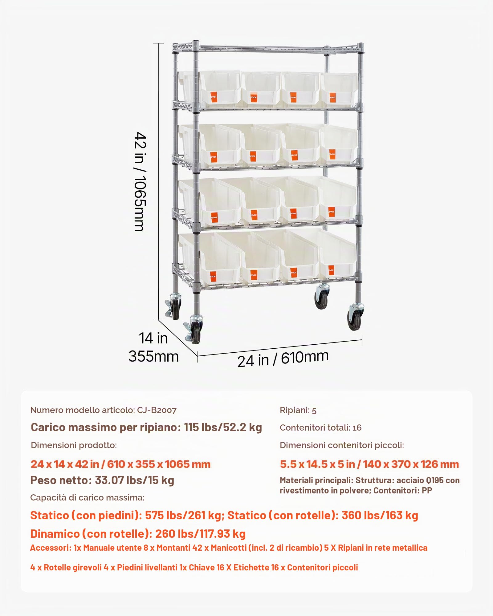 VEVOR Scaffale per Carichi Pesanti Portaoggetti con ruote a 5 Ripiani, 16 Contenitori Portaoggetti, Sistema di Scaffalature in Filo d'Acciaio, per Garage, Magazzino, Ufficio, Ristorante, Aula, Cucina