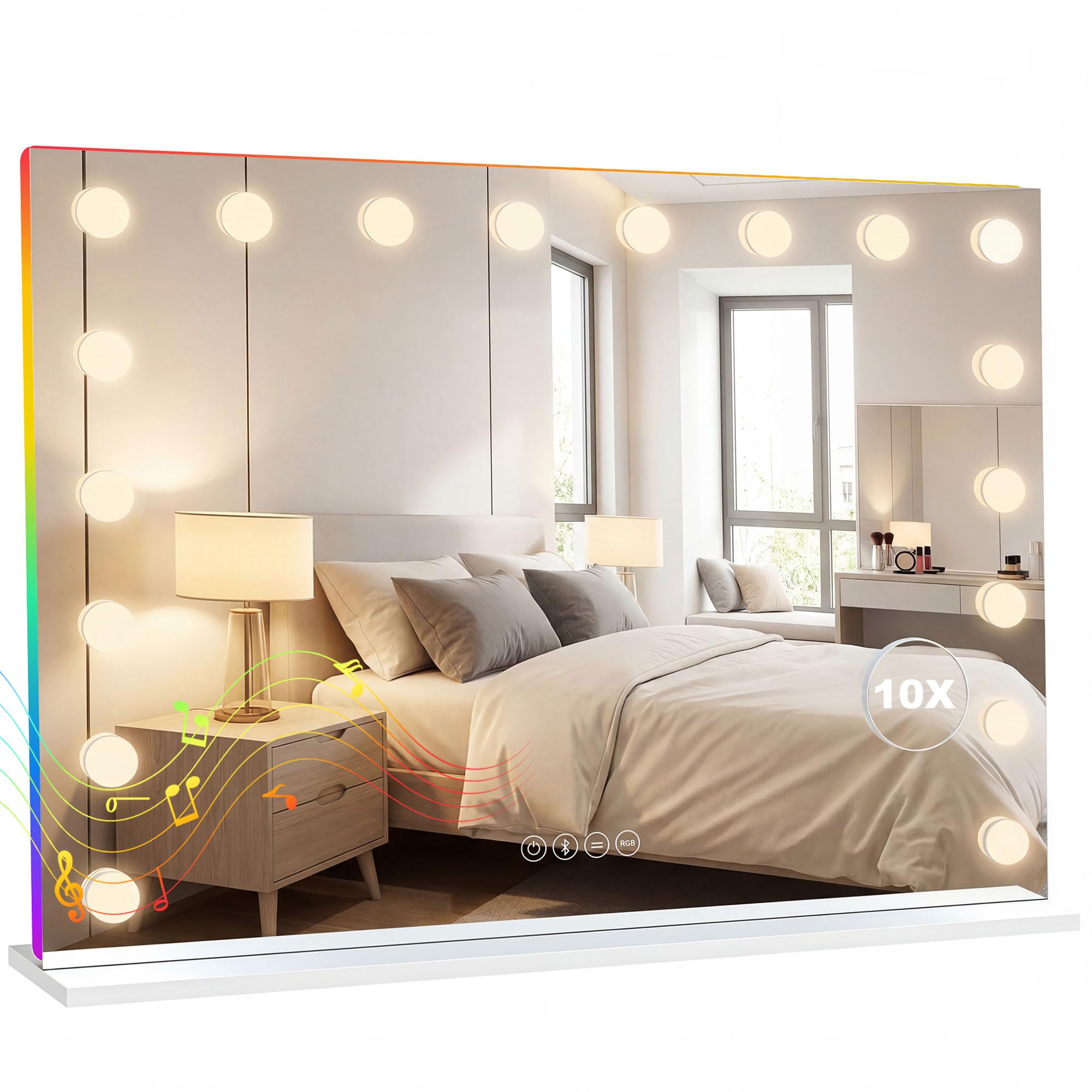 HOMCOM Miroir Maquillage Hollywood 80x60cm Miroir Coiffeuse LED 18 Ampoules dimmables 3 Couleurs d'éclairage lumière RGB Haut-Parleur Bluetooth grossissement 10x contrôle Tactile sur Table/sur Mur