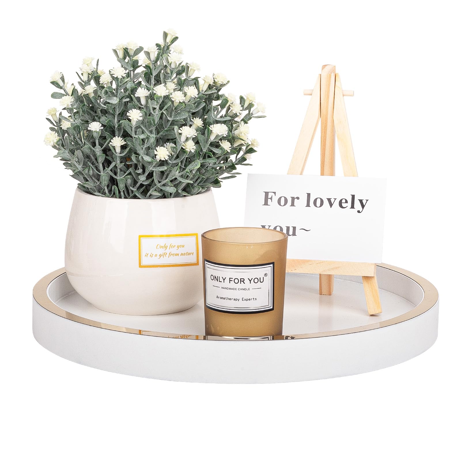 Wooden Decorative Round Perfume and Kitchen Soap Organizer Vanity Storage - Counter Tray, 10 Inch, White