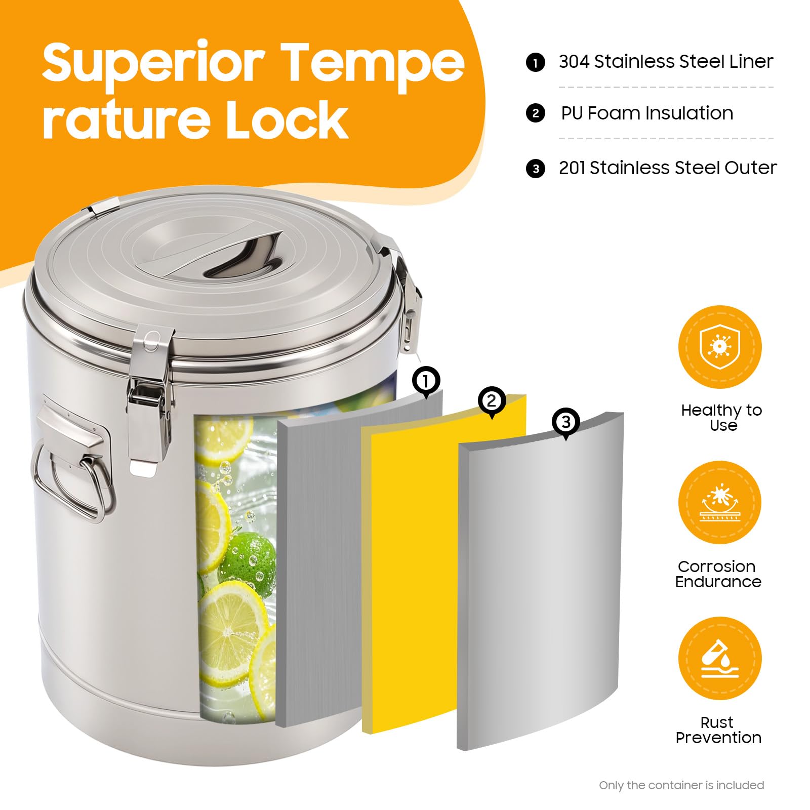 Contenitore termico in acciaio inox da 20 l, con coperchio, 43 x 31 x 31 cm, 3,8 kg | Acciaio inossidabile per uso alimentare, caldo e freddo per 12 ore, chiusura ermetica, manici termoisolati