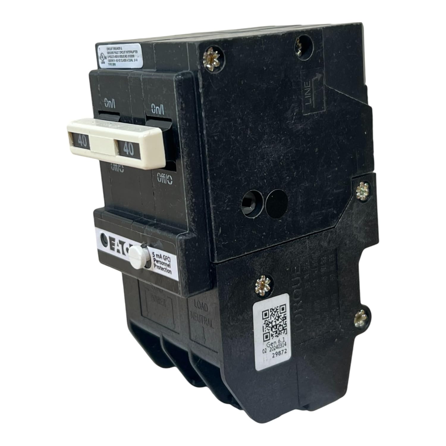 Eaton BRN240GF BR GFCI Circuit Breaker, Ground Fault, Pigtail Neutral, 40 A, 10 KAIC, Two-Pole, 120/240 V