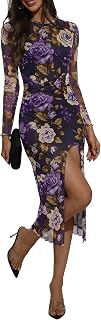 MAKABO Wedding Guest Mesh Bodycon Dress for Women Formal Cocktail Long Sleeve Floral Midi Dress for Party Going Out