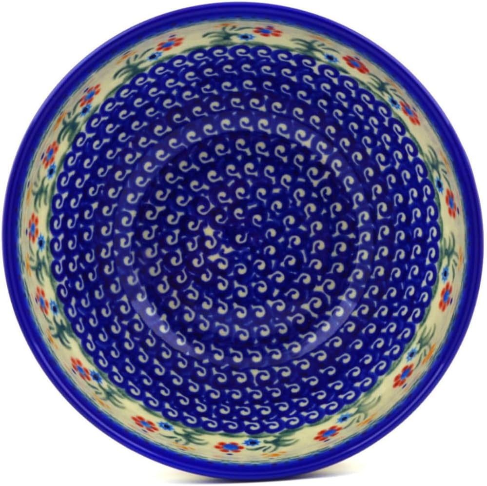 Polmedia Polish Pottery Bowl 7-inch - Spring Flowers Pattern Handmade in Boleslawiec Poland by Ceramika Bona + Certificate of Authenticity