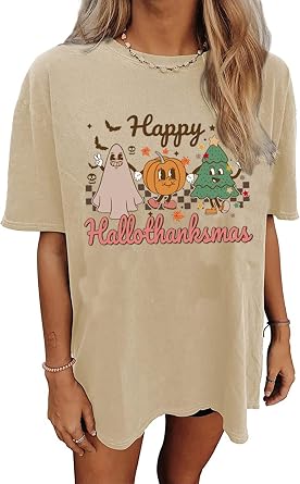 Happy Hallothanksmas T Shirt Women Halloween Pumpkin Skeleton Graphic Tees Thanksgiving Christmas Spooky Shirts