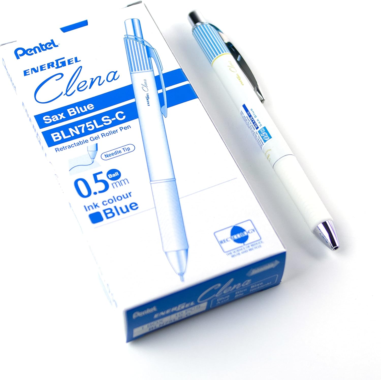 Pentel EnerGel Clena, Blue Accent Barrel, Retractable Liquid Gel Pen, Everyday Writing, Office Supplies, Journaling, 0.5mm Fine Point, Needle Tip, Blue Ink, BLN75LS-C, Box of 10