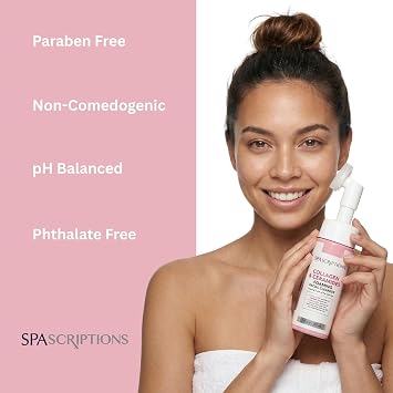 SpaScriptions 2 in 1 Cleanse & Exfoliate Foaming Facial Cleanser - Collagen & Ceramides Face Wash with Silicone Brush for Dry Skin with Barrier Support with Peptides for Daily Cleansing, 5 oz