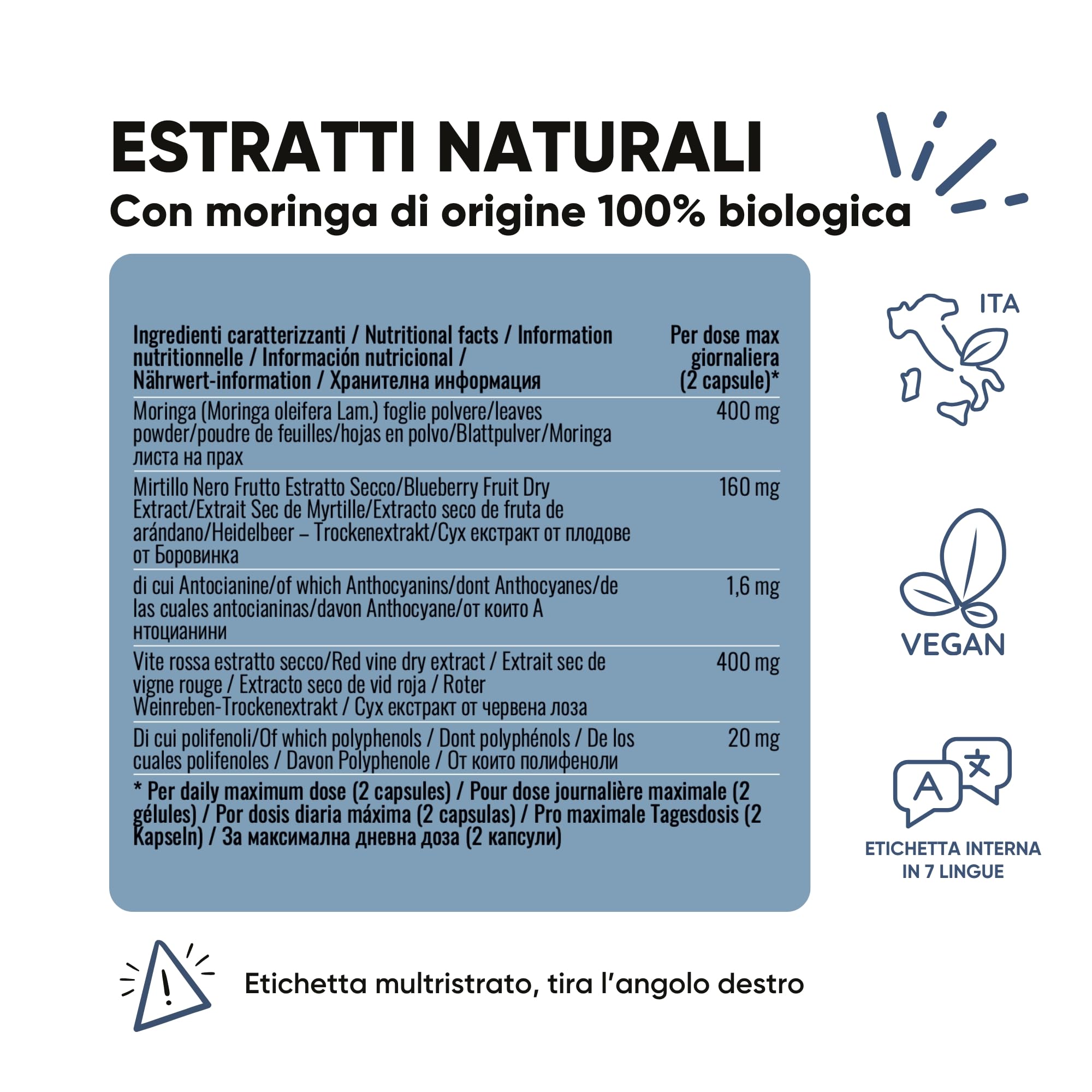 Integratore Microcircolo Gambe Mirtillo Nero e Vite Rossa con Moringa BIO - NUOVA FORMULA - Vite rossa Integratore Riduce Pesantezza e stimola Circolazione Gambe | 60 Capsule 100% Naturali RedMoringa