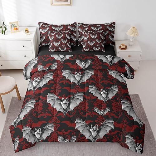 jejeloiu Gothic Bat Comforter Set with Sheets Twin Size 7 Pieces Kids Damask Pat