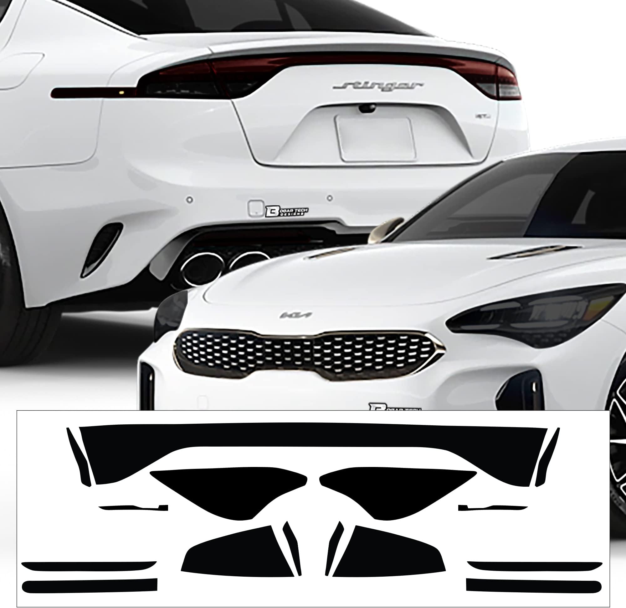 BOGAR TECH DESIGNS Full Headlight Taillight Reflector Sidemarker and Third Brake Light Tint Kit Cover Compatible with Kia Stinger 2022-2023, Dark Smoke