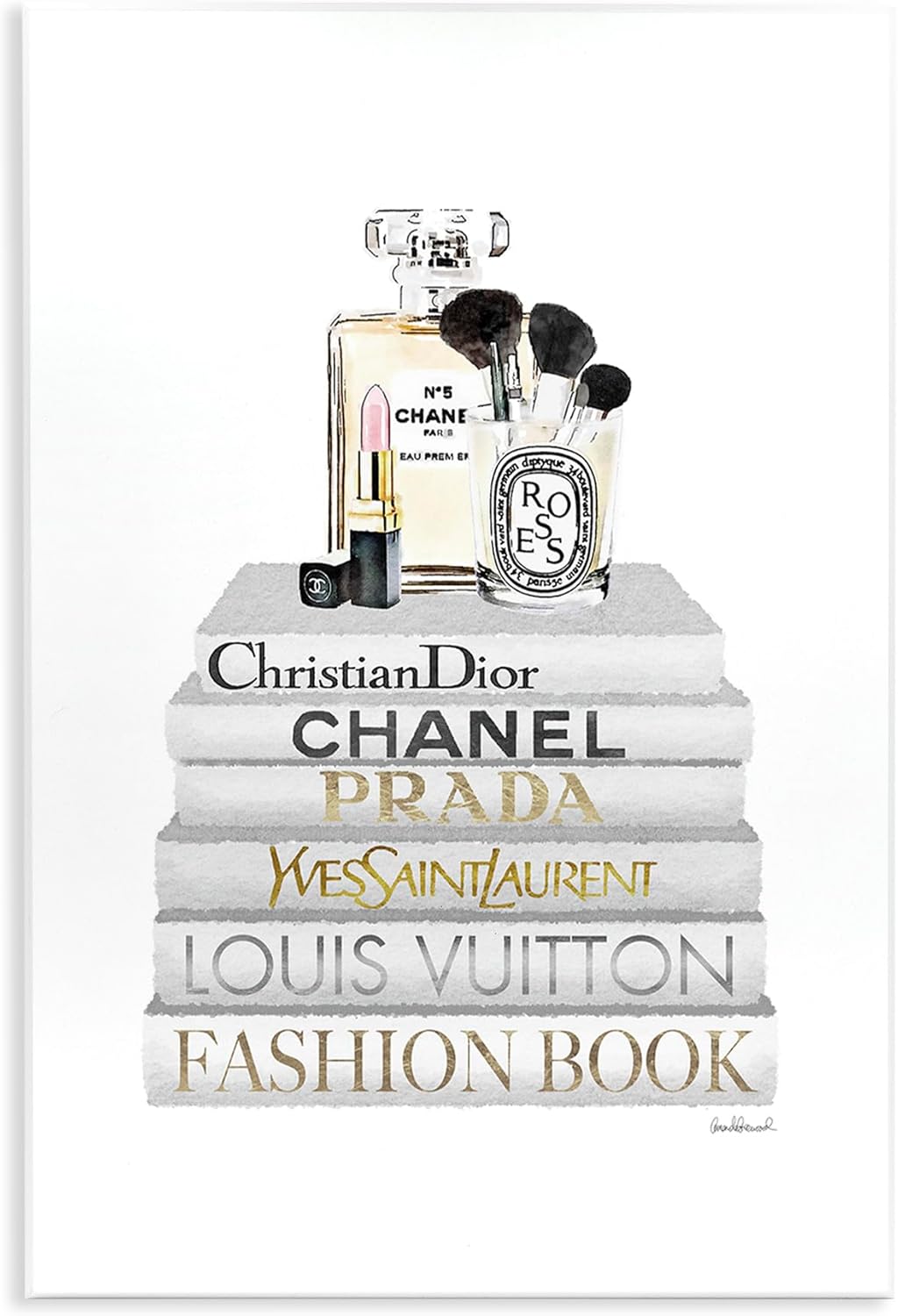 Stupell Industries Fashioner Makeup Bookstack White Gold Watercolor, Design by Artist Amanda Greenwood Wall Art, 13x19, Wood Plaque