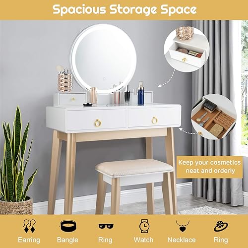 Miniatura 3 de Nightcore - Juego de tocador de maquillaje con espejo redondo iluminado, escritorio de tocador con taburete acolchado, 4 cajones modernos para niñas
