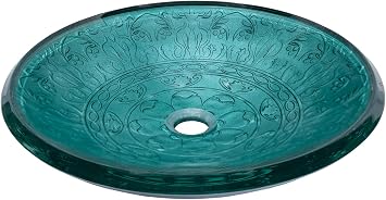 Eden Bath Teal with Embossed Pattern Round Glass Sink Bowl Bathroom Vessel Sink for Vanity Top