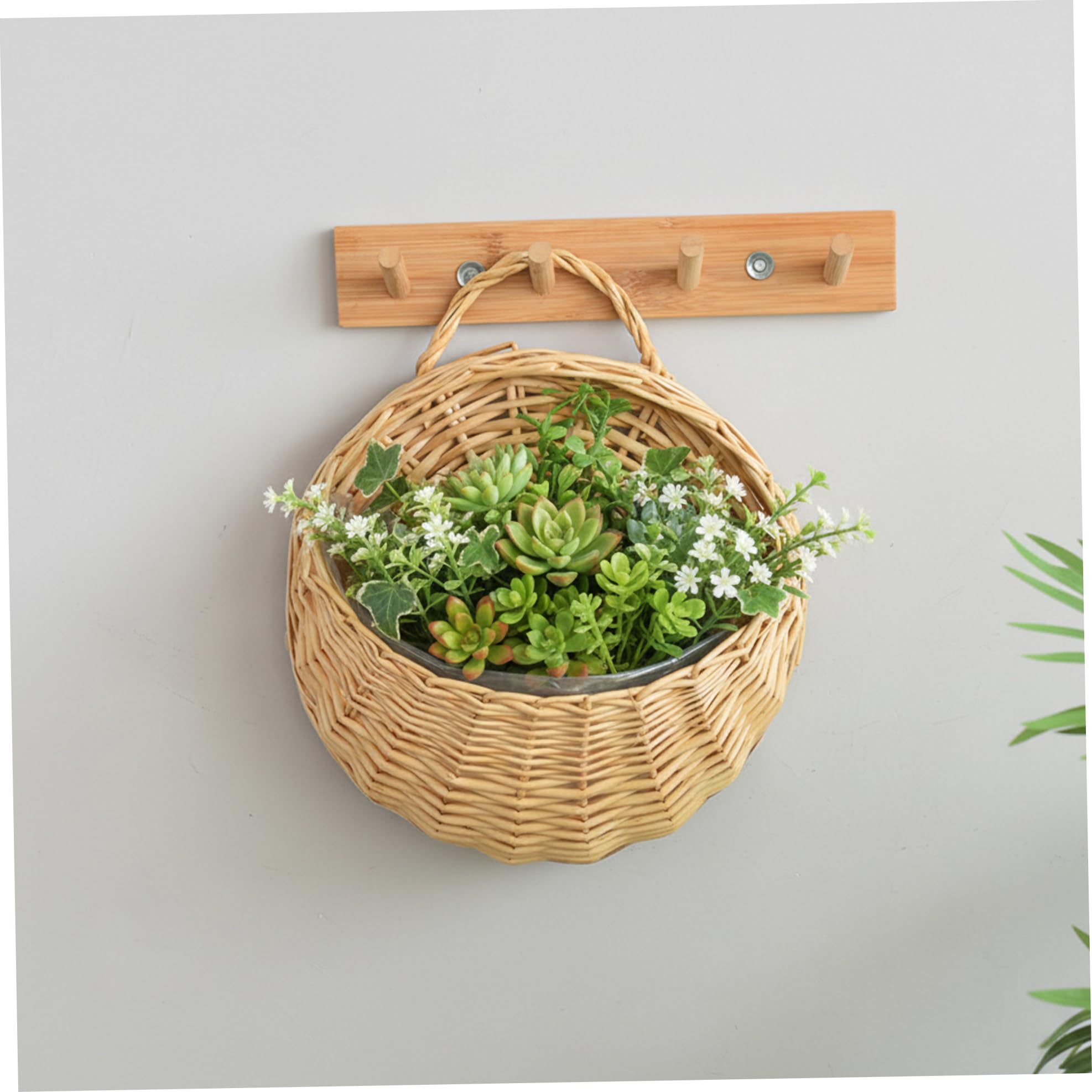Cestino da Parete in Rattan, Set di 2 cestini sospesi in Vimini, Piccolo Muro Rattan per Piante, fioriera Rustica sospesa con Rivestimento plastica per Decorazioni per Interni ed Esterni