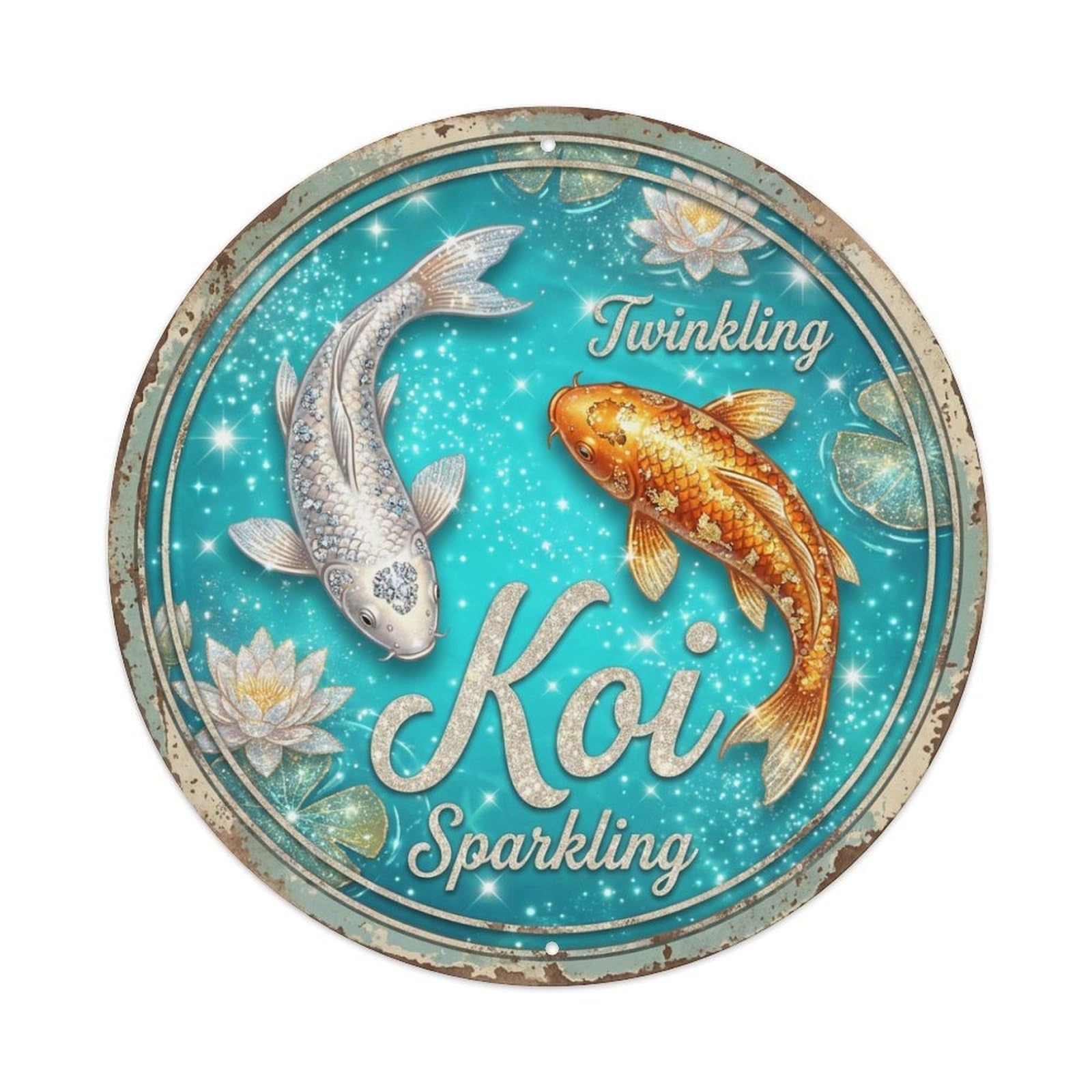 Koi Fish Twinkling Sparkling Glittering Waters Shimmering Metal Tin Sign