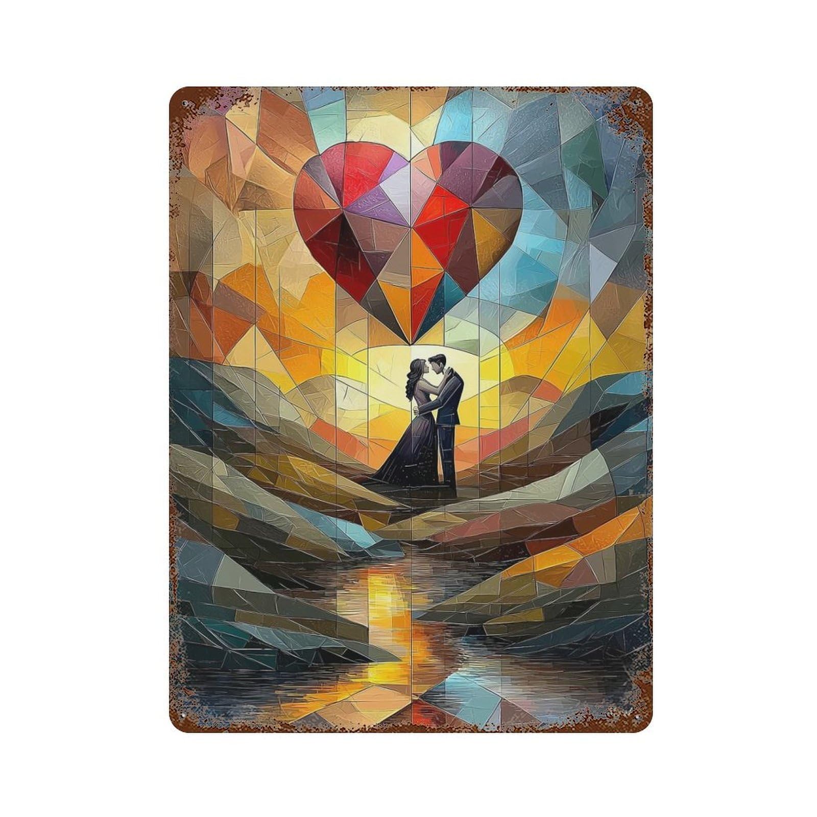 Romantic Embrace Under A Stained Glass Heart 15.7"x11.8" Aged Metal Wall Plaque, Classic Wall Plaque for Basement, Hobby Room And Garage Decor