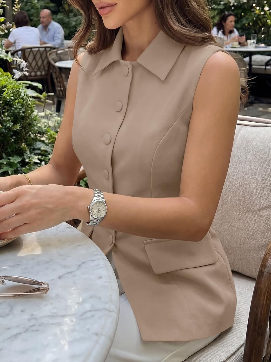 Cicy Bell Womens Summer Suit Vest Tops Button Down Collared Blazer Waistcoats Work Office Dressy Casual Sleeveless Jackets