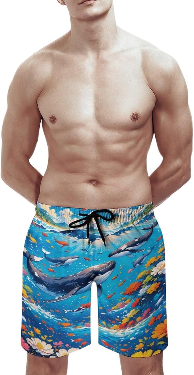 Zakqeik Whale Mens Swimming Trunks Board Shorts Cute Beach Shorts with Pockets Bathing Suits