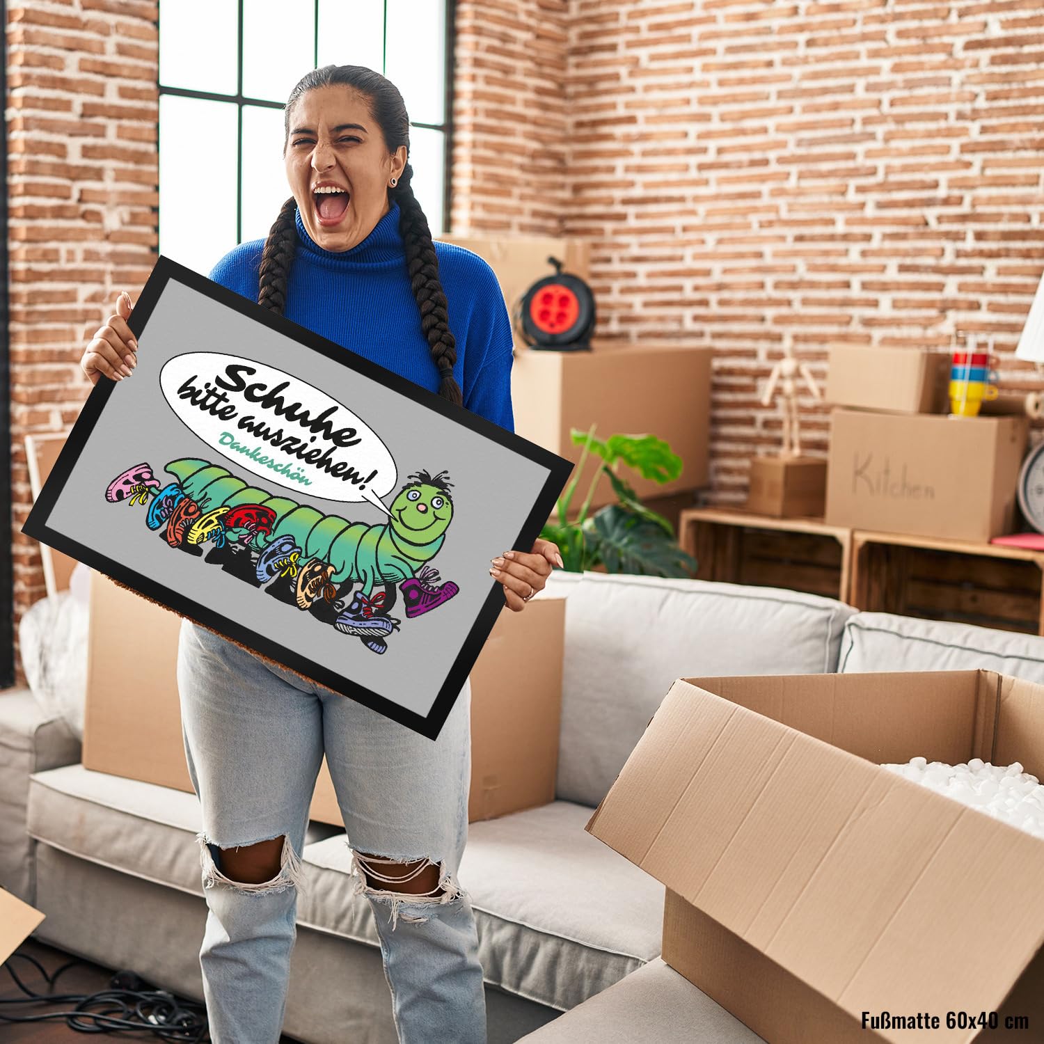 speecheese Tausendfüßler Fußmatte XXL in 50x75 cm mit Spruch Schuhe Bitte ausziehen - Dankeschön Perfekt für Haustüre und Hauseingang Turnschuhe Sneaker und High Heels ausziehen