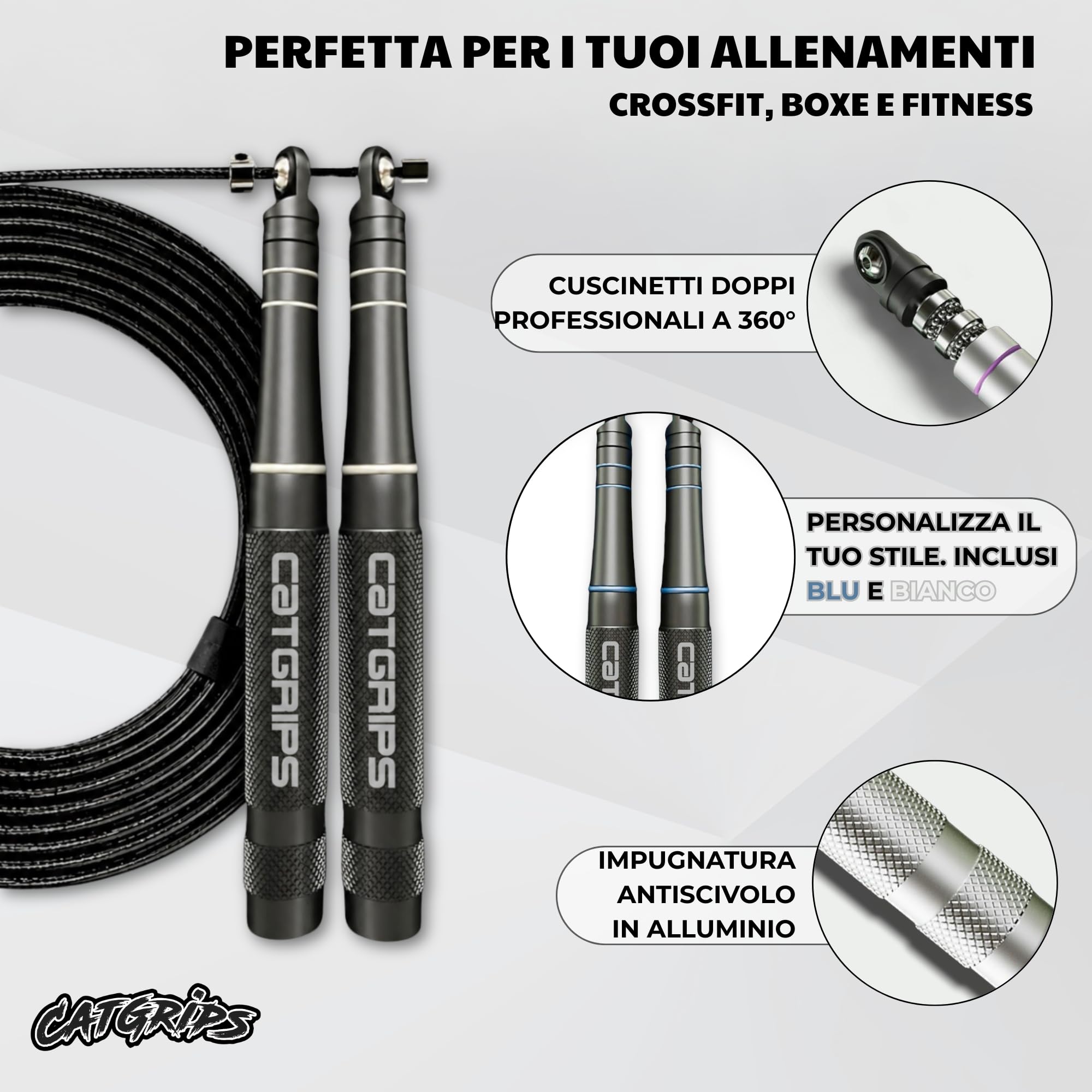 CATGRIPS Corda per Saltare Professionale – Speed Jump Rope in Alluminio Premium – Corda Crossfit Rapida e Regolabile – Ultra Leggera per Double Unders, Gym e Boxe