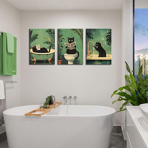 Miniatura 8 de 3 piezas divertidas de lienzo de baño de gato negro, arte de pared vintage de gato lavado sus patas de lectura pósteres de periódicos impresiones