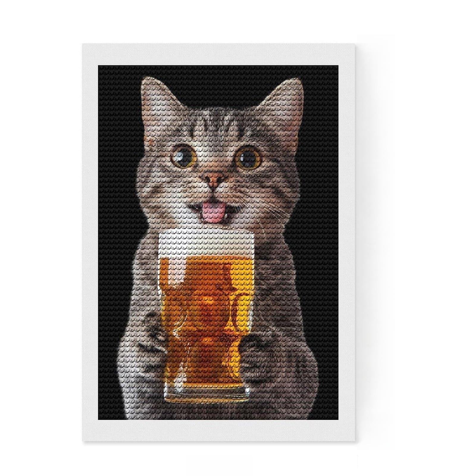 Junmoney Cat Drinking Beer Full Drill Diamond Painting Kit 8"x12", Satisfying Creative Project, Finish and Display, Stress Relief Craft