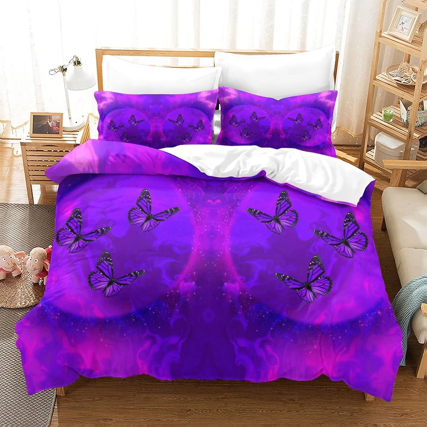 Butterfly Quilt Set Girl 3D Purple Floral Butterfly Bedding with Cover Girl Quilt Set Neon Butterfly Purple Bed Quilt Cover, 1 Cover + 2 Pillowcases Full（203x228cm）