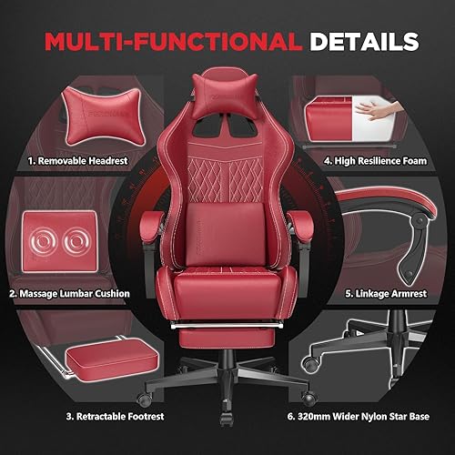 Miniatura 7 de Ferghana Silla vintage de piel sintética para videojuegos, silla de jugador con respaldo alto con masaje, silla ergonómica de oficina para