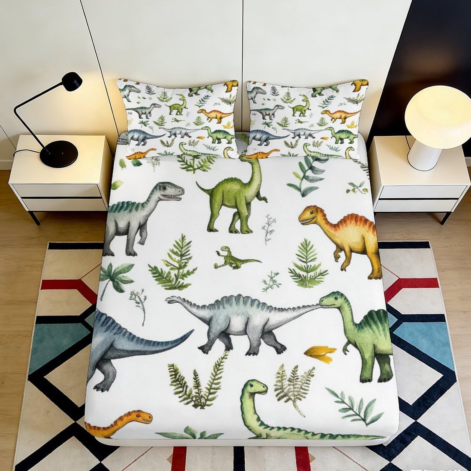3D Printed Colorful Dinosaur Fitted Sheet Microfiber Soft Breathable Cartoon Jungle Mattress Cover Bedroom Decor 90x200x25cm