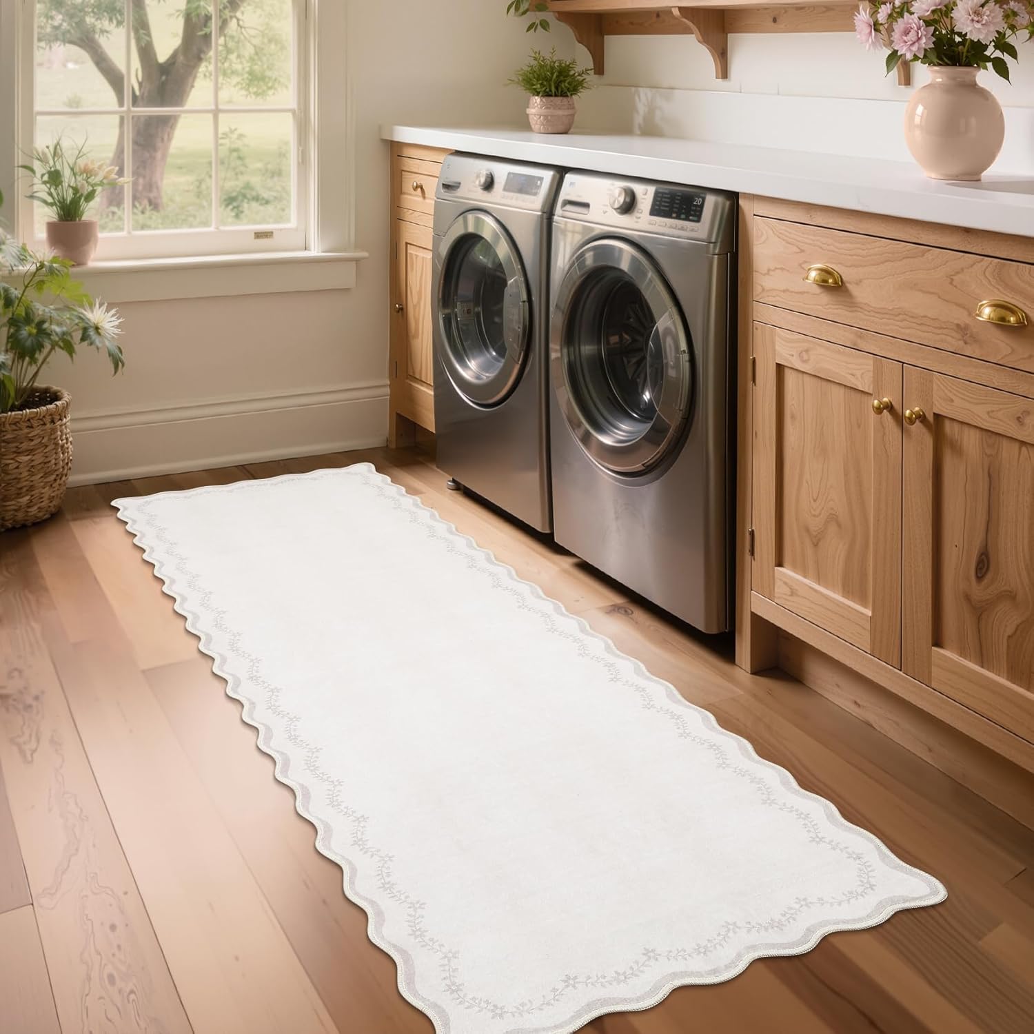 GarveeHome 2x6 Scalloped Washable Runner Rug for Kitchen, Soft Beige Hallway Runner Non Slip Entryway Rug Farmhouse Thin Laundry Mat Stain Resistant Carpet for Bedroom Bathroom Beside Rug - Image 3
