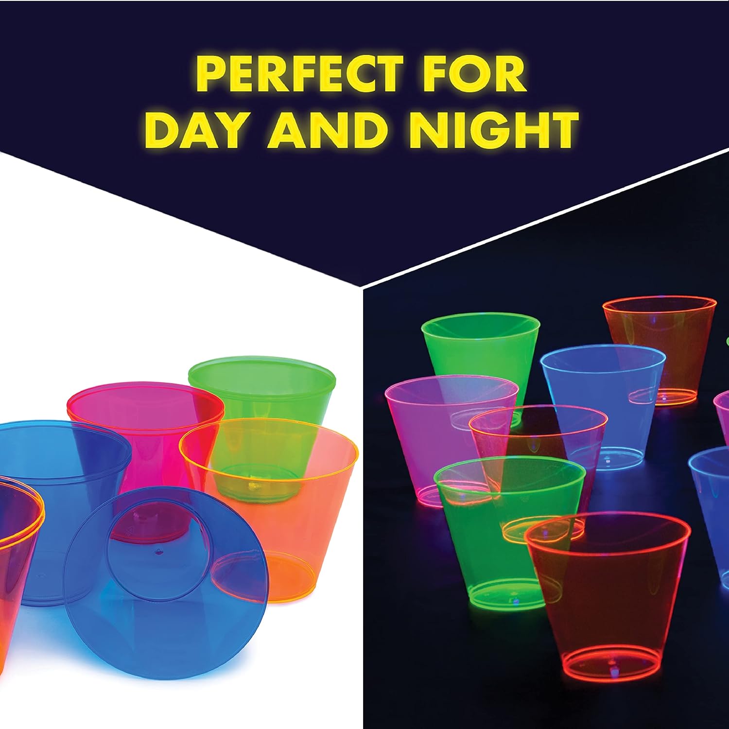 Party Essentials Disposable Plastic Glow-in-the-Dark Party Supplies Dinnerware Decorations, Plate/Cup/Cutlery/Tablecover, 193 Pcs, Assorted Neon