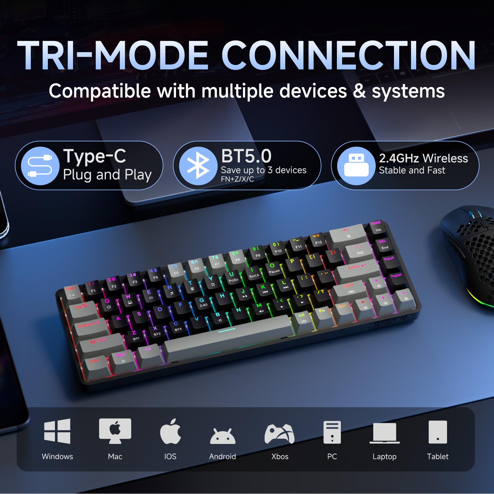 Dierya DK68 Tastiera Gaming Wireless,60% Tastiera Meccanica Bluetooth/2.4G/USB-C RGB,Interruttore Rosso,Double-Shot ABS Keycaps Compatibile con Win/Mac,Nero grigio-B(Layout US,QWERTY)