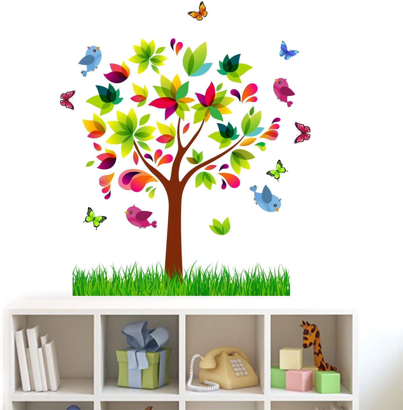 StickMe 'Tree - Colorful Tree - Birds - Butterfly - Vinyl Botanical Wall Sticker' -SM1000 (Multicolour, - 75cm X 90 cm )