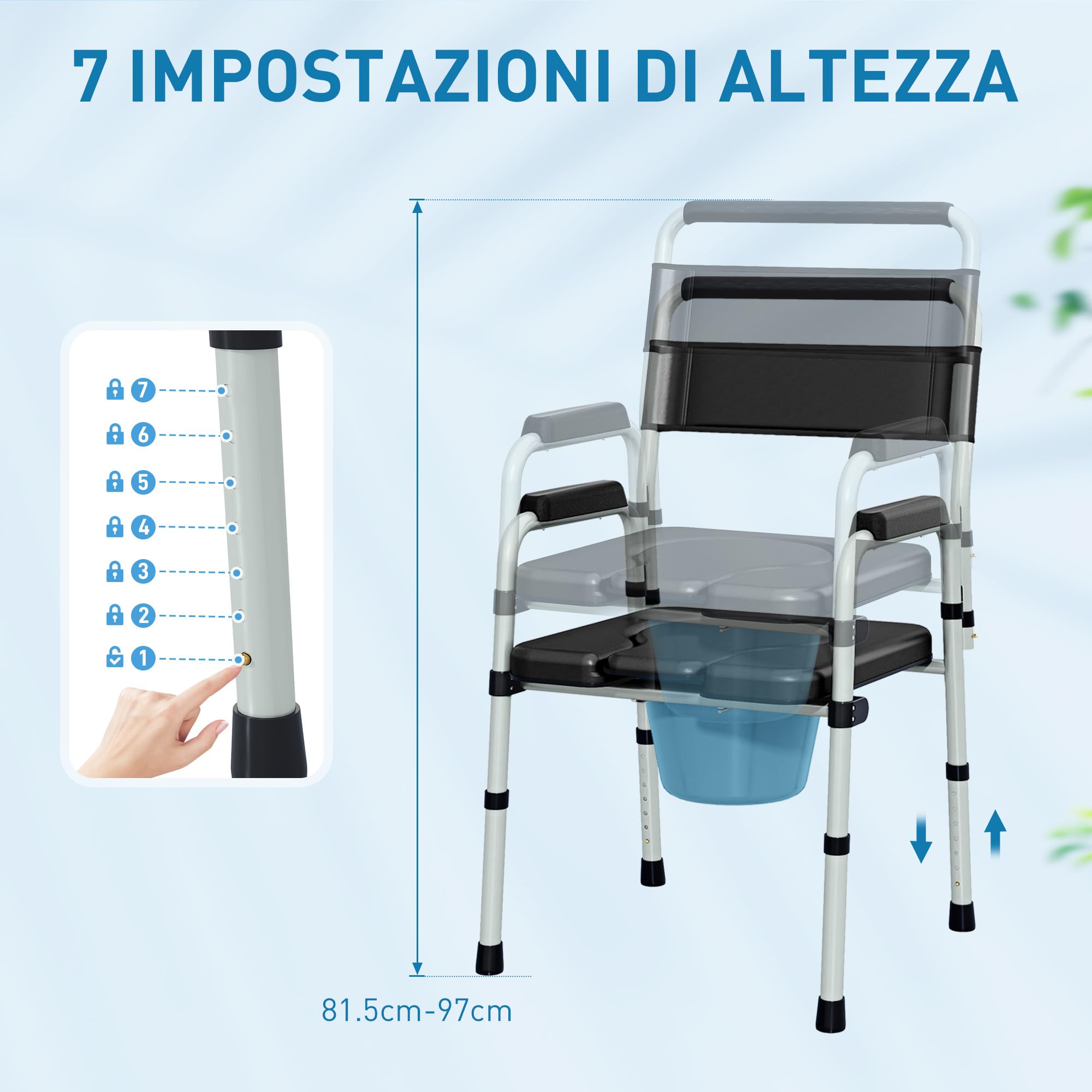 HOMCOM Sedia WC per Anziani Regolabile in Altezza su 7 Livelli 81.5-97cm con Secchio Rimovibile, Sedia Comoda WC Pieghevole con Braccioli e Schienale in Acciaio e Pelle PU, Capacità Peso 150 kg, Nero