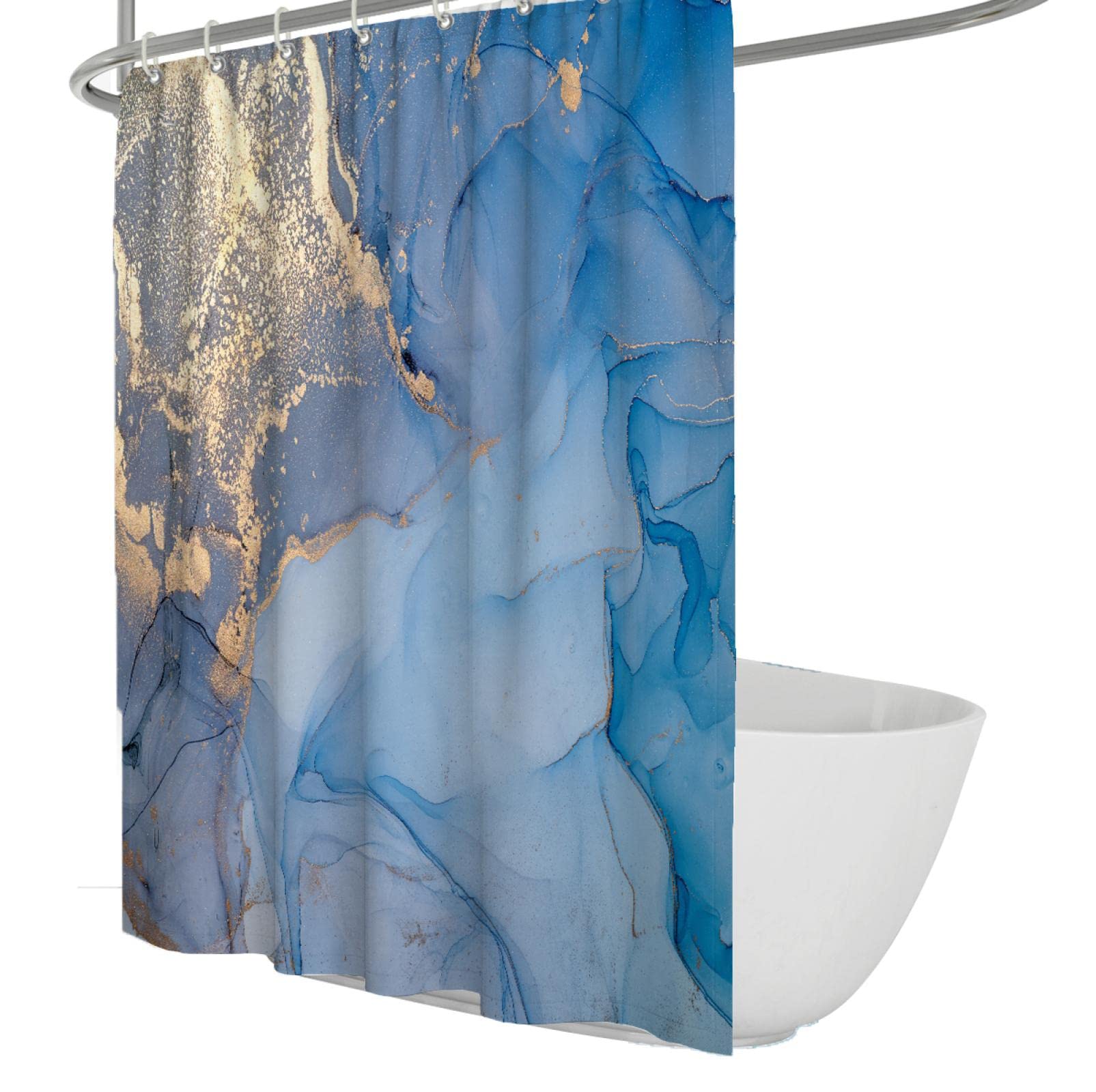 Cortina de Ducha de mármol Azul para baño Juego de decoración de Cortina de Ducha de Lujo Dorado con Ganchos Cortinas de bañera húmedas y secas separadas W200xL200cm